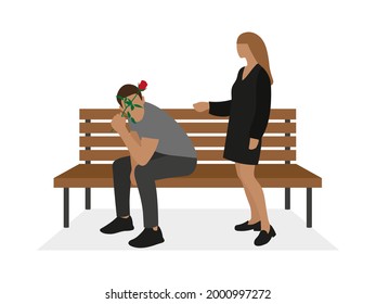 A male character with a red rose is sitting on a bench and a female character is standing next on a white background