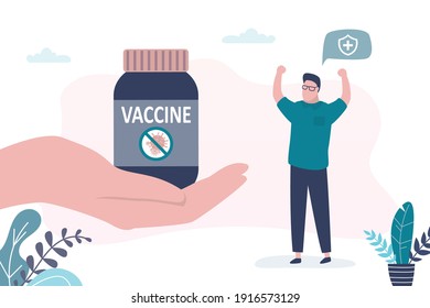 Male character rejoices at coronavirus vaccine. Hand holds bottle of covid-19 medicine. Happy man celebrating end of global pandemic. Concept of protection and immunization. Flat vector illustration