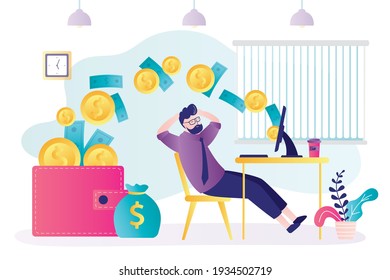 Male character relaxes in front computer. Coins and dollar bills fly into wallet. Businessman has passive income. Financial freedom concept. Man getting paid from online work. Flat vector illustration