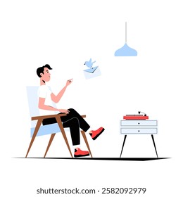 Male Character Relaxing In Chair With Floating Letter In Flat Vector Illustration Symbolizing Communication, Creativity, And Leisure, Isolated On White Background.