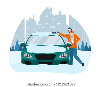 Male character is removing ice and snow from his car. Driver is standing and cleaning vehicle with brush from ice and snow at winter after night blizzard. Flat cartoon vector illustration