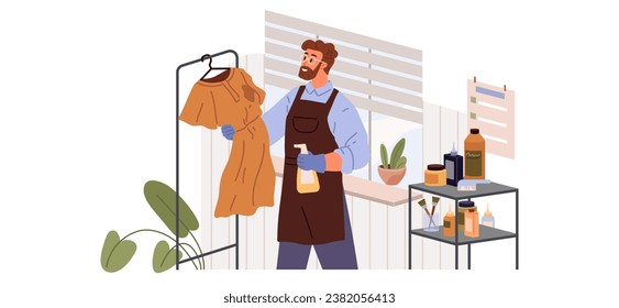 Male character removing stain from dirty t shirt. Man with spraying spot remover. Guy cleaning mark with liquid detergent from clothes. Professional cleaning of apparel. Clothing and garment care