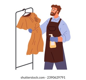 Carácter masculino quitando la mancha de la camiseta sucia. Hombre con el removedor de manchas de rociado. Marca de limpieza tipo con detergente líquido de la ropa. Limpieza profesional de ropa. Atención de ropa y prendas de vestir