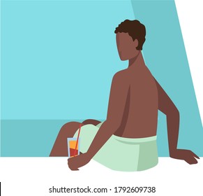 Male character resting by pool, drinking cocktail. Man sitting by poolside holding alcoholic beverage in hand. Summertime relaxation and activities, sunbathing and tanning, vector in flat style