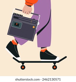 Male character with a retro tape recorder. Vintage. Vector illustration.