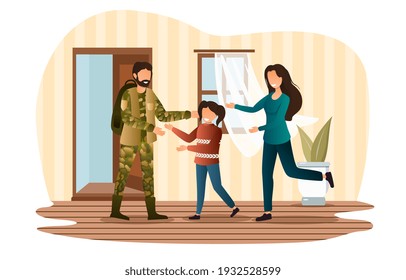 Male character returning home from military service. Little daughter and wife are happy to meet soldier father. Warfare action serviceman is back home to his family. Flat cartoon vector illustration