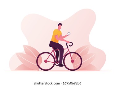 Male Character Riding Bicycle with Smartphone in Hand Using Free Network App and Orienting in City with Mobile App and Gps Navigator. Healthy Lifestyle, Smart Technologies. Cartoon Vector Illustration