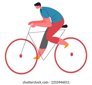 Male character riding bike, man leading healthy lifestyle. Isolated guy on bicycle training and working out, outdoors activities or vacations, professional trainer or cyclist. Vector in flat style