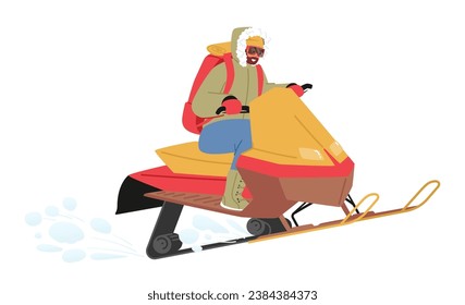 Male Character Roaring Through Icy Terrain On A Snowmobile. Man Conquers The Snowy Expanse, Adrenaline And Frosty Winds Create A Thrilling Symphony Of Speed And Winter Magic. Vector Illustration