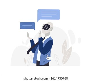 Male character robot with artificial intelligence isolated on white background. Chatting with chatbot android, dialogue with electronic cartoon guy. Technical support flat vector illustration.