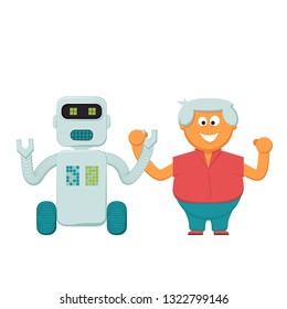 Male character and robot together. 