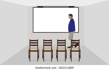 Male character in a room with chairs and a screen hanging on the wall