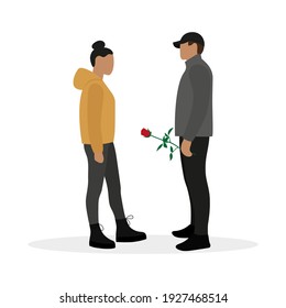 Male character with rose in hand and female character together on white background