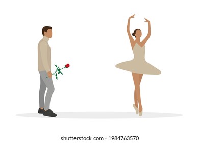 Personaje masculino con mano rosa mira a bailarina de fondo blanco