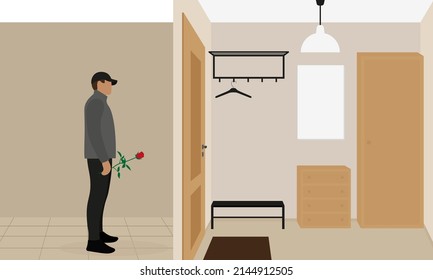 A male character with a rose in his hand stands in the hall in front of the door to the apartment