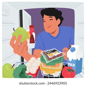 Male Character Rummaging Through Fridge Shelves, Hunting For Sustenance and Struggle Against Hunger. Young Smiling Man Holding Apple, Choosing Healthy Snack. Cartoon People Vector Illustration