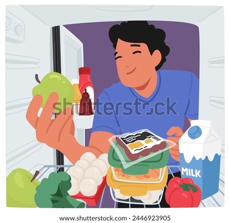 Male Character Rummaging Through Fridge Shelves, Hunting For Sustenance and Struggle Against Hunger. Young Smiling Man Holding Apple, Choosing Healthy Snack. Cartoon People Vector Illustration