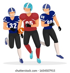 Male character running with ball in hands. American football players isolated. Gridiron game competition and rivalry on field. Professional athletes exercising before championship match, vector