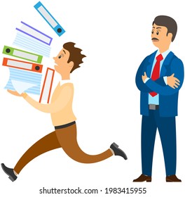 Male character is running with data folders to finish task before deadline. Boss urges employee to complete paperwork at designated time. Working in office and implementation of assign tasks