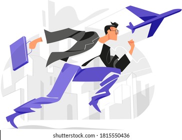 Male character running fast with briefcase in the city