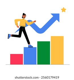 Male Character Running On Bar Graph Towards Success Star In Flat Vector Illustration Symbolizing Business Growth, Goal Achievement, And Success, Isolated On White Background