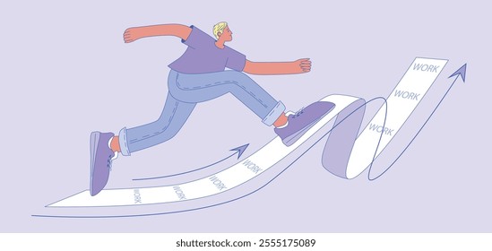 Male character running on a rising path of tasks represented as a document. Casual outfit.. Concept of work progress, productivity, and career growth. Flat, vector, illustration, isolated.