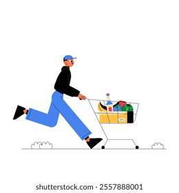 Male Character Running With A Shopping Cart Full Of Groceries In Flat Vector Illustration Symbolizing Shopping, Speed, And Urban Life, Isolated On White Background