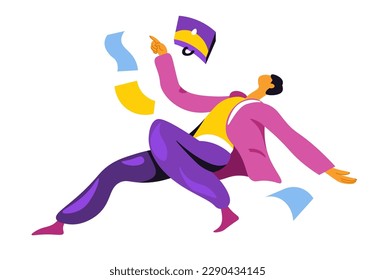 Male character rushing to work, isolated businessman with a briefcase in hands running and falling down. Personage with documents and papers, hasty and dashing character.Vector in flat style