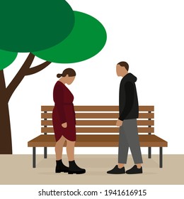 Male character and sad female character are standing near a wooden park bench