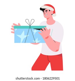 Male character in a santa claus hat holds gift box or present in his hands. Vector illustration of man celebrating christmas or new year isolated on white background. Trendy concept for advertisement.