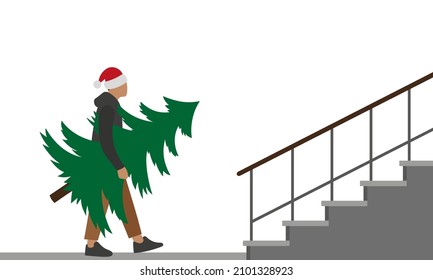 Male character in santa hat carries a christmas tree to the stairs on a white background