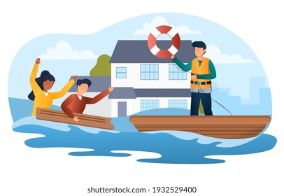 Male character is saving people in the flood. Scared people in flooded suburb street. House floating on water.Concept of natural flood disaster, tsunami, emergency. Flat cartoon vector illustration