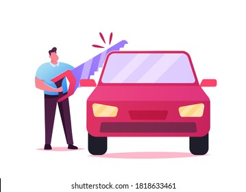 Male Character Sawing Automobile with Huge Saw. Concept of Property Division in Divorce Process. Husband Separate Car on Two Parts. Marriage Contract, Lawyer Service. Cartoon Vector Illustration
