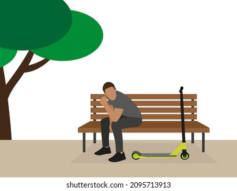 Male character with scooter sitting on bench outdoors in summer