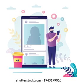 Male character scrolls tape on social networks. Different posts in social media on smartphone screen. Handsome man surfing Internet. Guy scrolling news or photos in app. Trendy vector illustration