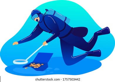 Male character scuba diver occupation research ocean, underwater sea treasure hunting isolated on white, cartoon vector illustration. Man with water metal detector search jewel exploration sea floor.