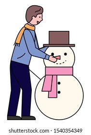 Male character sculpting snowman vector, isolated personage. Sculpture made of snowballs and decorated with hat and knitted scarf. Adult in winter holidays or vacation having fun outdoors flat style