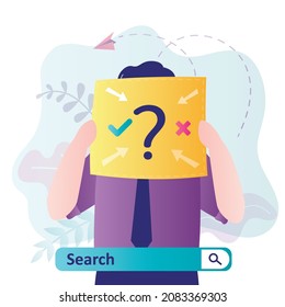 Male character is in search of herself. Man holding paper with question mark on it. Search bar. Concept of self-awareness and personal growth. Self-knowledge, self-identity. Flat vector illustration