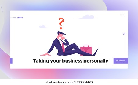 Male Character Searching Solution or Difficult Answer, Faq Landing Page Template. Business Man Sitting on Ground with Question Mark above Head. Customer Online Service. Cartoon Vector Illustration