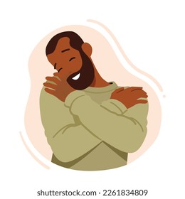 Male Character Self Embrace, Solo Hug, Act Of Self-love And Comfort. Black Selfish Man Hugging Himself Showing That It Is Okay, Seek Comfort From Oneself. Cartoon People Vector Illustration