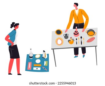 Male character selling kitchenware, dishes and plates on flea market. Shopping and buying vintage and retro objects on second hand marketplaces. People interested in old stuff. Vector in flat style