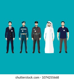 male character set with different working outfits vector, traditional,suite,policeman, casual