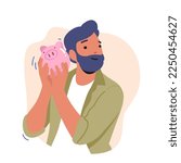 Male Character Shaking Piggy Bank with Money Inside. Savings, Stash, Poverty or Investment Concept with Mature Man and Pig Moneybox Isolated on White Background. Cartoon People Vector Illustration