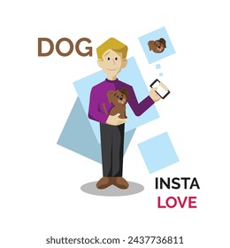 Male character sharing dog post Social media Vector illustration
