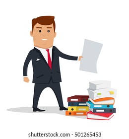 Male character with sheet of paper vector. Flat design. Man in business suit holding paper sheet near stack of documents and colorful binders. Office, paper work concept. Isolated on white background.