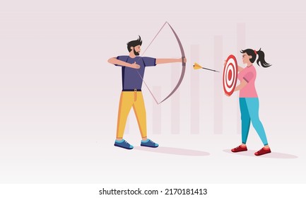 A male character shoots a bow at a target. Girl catching an arrow with a targeting shield. Business goals concept. Targeting and targeted advertising. Illustration for website and graphic designs.