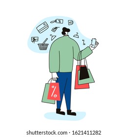 Male character with shopping bags isolated on white background. Sale concept. Man dressed in casual clothes standing and using his phone fo find a good deals and ordering a gifts. Vector illustration.