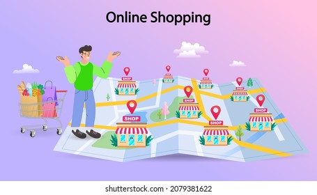 Male Character Shopping. Man With Trolley Purchasing Goods At Huge Map With Gps Pin. Characters Using Geolocation Positioning Concept. Find The Right Grocery Store In The Big City. Vector Illustration