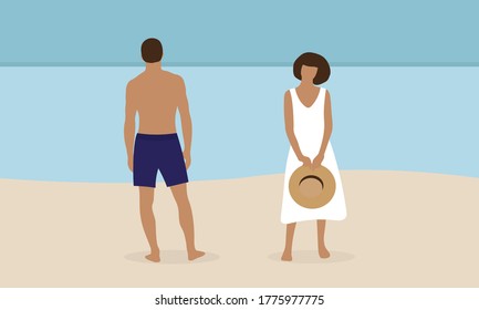 Male character in shorts and a female character in a dress on the seashore