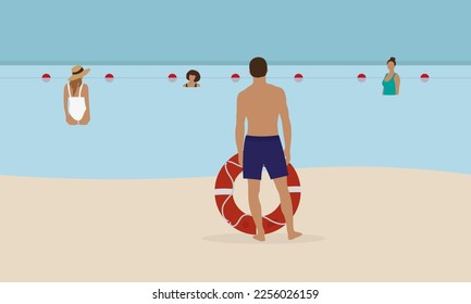 A male character in shorts and with a lifebuoy stands on the beach and looking at a female characters in the water with buoys